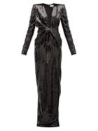 Matchesfashion.com Saint Laurent - Bow Plunge Neck Sequinned Gown - Womens - Black