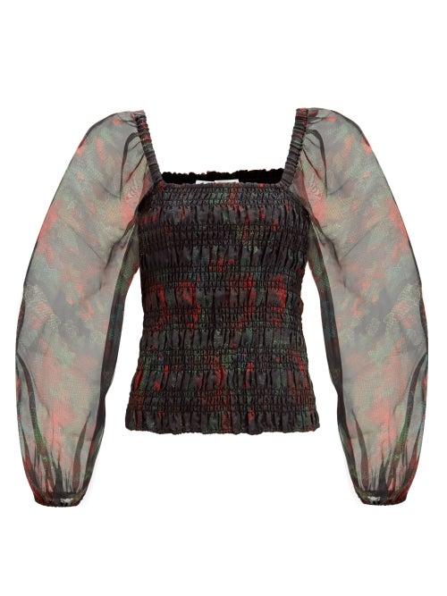 Matchesfashion.com Ganni - Floral-print Puff-sleeve Organza Top - Womens - Black Red
