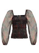 Matchesfashion.com Ganni - Floral-print Puff-sleeve Organza Top - Womens - Black Red