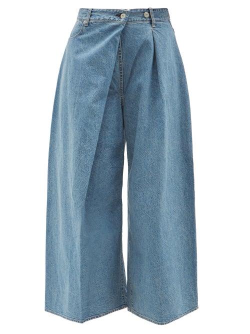 Kuro - Asymmetric Pleated-front Wide-leg Jeans - Womens - Mid Denim