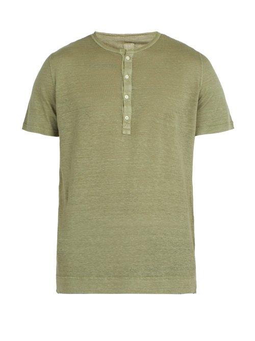 Matchesfashion.com 120% Lino - Henley Linen Jersey T Shirt - Mens - Khaki