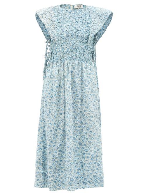 Sea - Ida Embroidered Floral-print Cotton Midi Dress - Womens - Blue Multi
