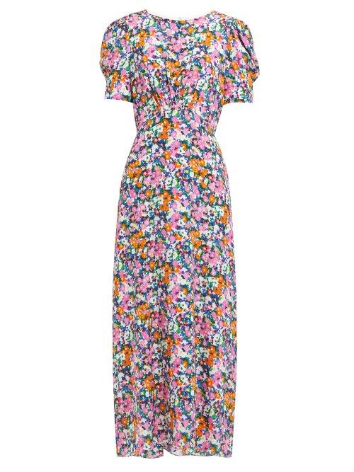 Matchesfashion.com Saloni - Bianca Floral Print Silk Midi Dress - Womens - Pink Multi