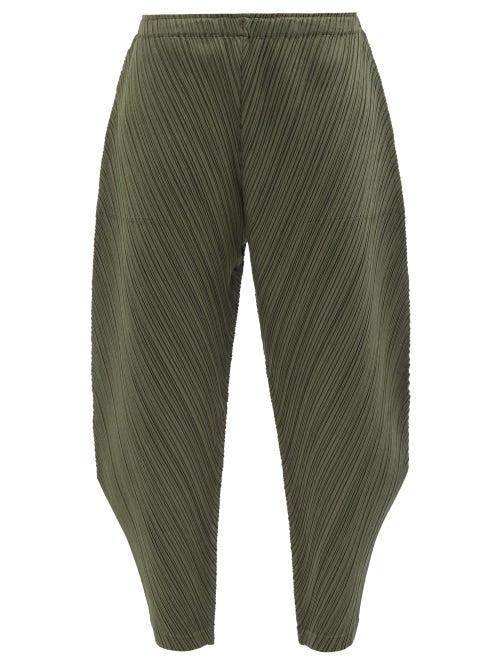 Ladies Rtw Pleats Please Issey Miyake - Technical-pleated Jersey Tapered-leg Trousers - Womens - Dark Khaki