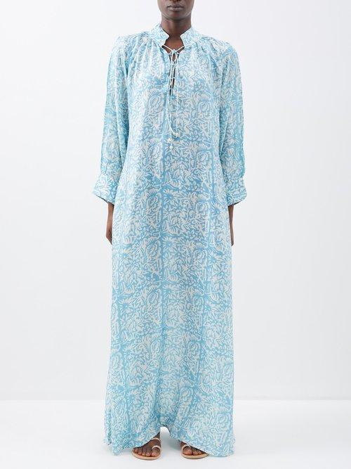 Hannah Artwear - Mitchell Hand-block Print Silk Kaftan Dress - Womens - Blue Print