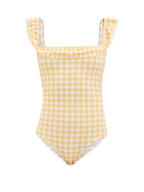 Ephemera - Flounce Ruffled Gingham Recycled-fibre Swimsuit - Womens - Orange Print