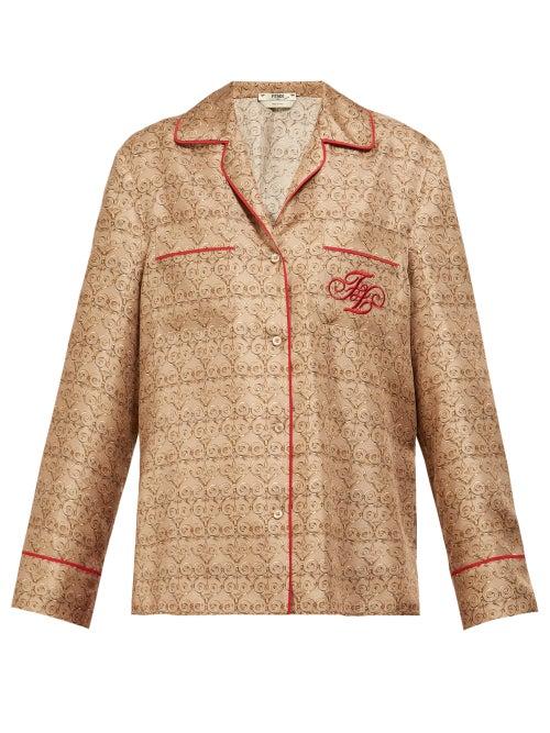 Matchesfashion.com Fendi - Ff Logo Embroidered Gate Print Crepe Shirt - Womens - Beige Multi