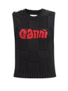 Ganni - Logo-jacquard Sleeveless Cotton-blend Sweater - Womens - Black Red