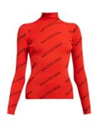 Matchesfashion.com Balenciaga - Logo Print Funnel Neck Jersey Top - Womens - Red Multi