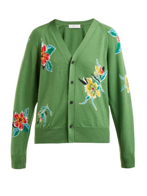Matchesfashion.com Toga - Floral Intarsia Wool Cardigan - Womens - Green