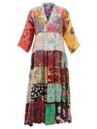 Matchesfashion.com Rianna + Nina - Vintage Patchwork Print V Neck Silk Dress - Womens - Multi