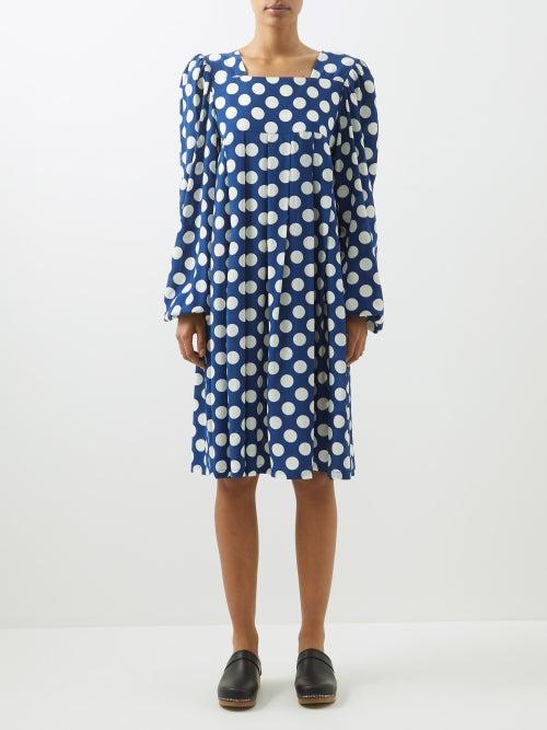 Caro Editions - Square-neck Polka-dot Silk Dress - Womens - Navy White