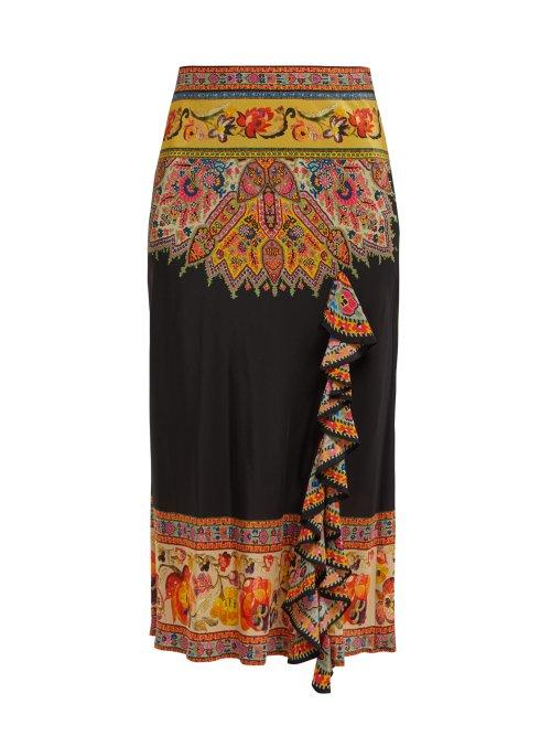 Matchesfashion.com Etro - Ruffled Floral Print Silk Skirt - Womens - Black Multi