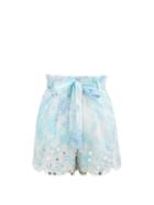 Matchesfashion.com Juliet Dunn - Sequinned Paperbag-waist Tie-dye Cotton Shorts - Womens - Blue White