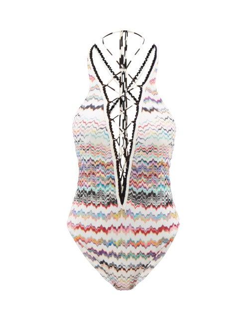 Missoni Mare - Lace-up Zigzag-jacquard Swimsuit - Womens - Black Multi
