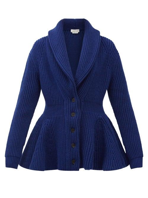 Matchesfashion.com Alexander Mcqueen - Peplum-hem Ribbed-wool Cardigan - Womens - Blue