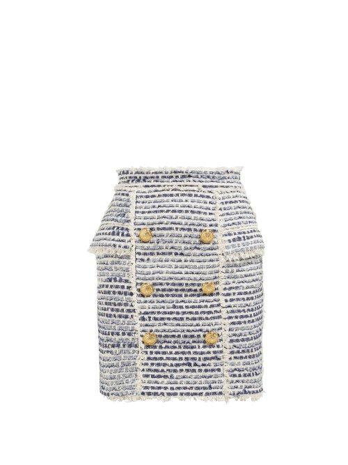 Matchesfashion.com Balmain - Double Breasted Logo Button Tweed Skirt - Womens - Blue White