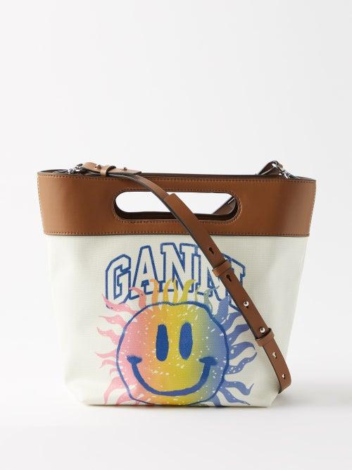 Ganni - Smiley-print Small Canvas Tote Bag - Womens - Beige Multi