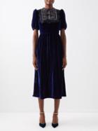 Saloni - Cherie Lace-insert Velvet Midi Dress - Womens - Navy Black