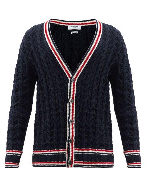 Matchesfashion.com Thom Browne - Tricolour-trim Cabled-cotton Cardigan - Mens - Navy