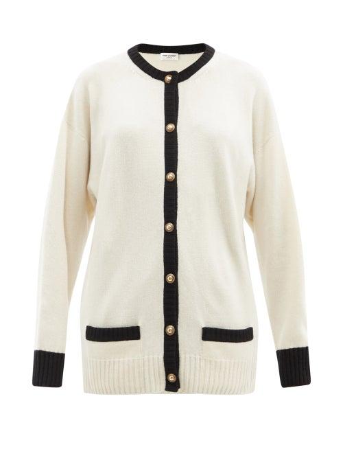 Matchesfashion.com Saint Laurent - Contrast-trim Longline Cashmere Cardigan - Womens - White