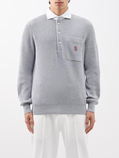 Brunello Cucinelli - Logo-embroidered Ribbed-cotton Polo Shirt - Mens - Grey Multi