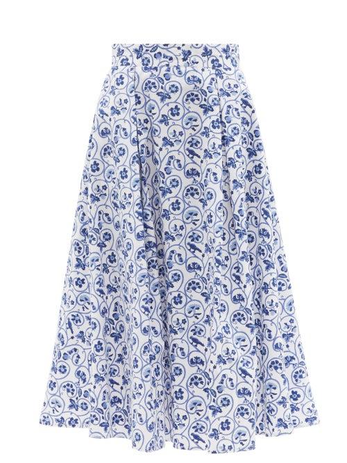 Ladies Beachwear Thierry Colson - Wynona Floral-print Cotton-poplin Skirt - Womens - Blue White