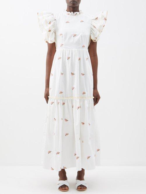 Lug Von Siga - Phoebe Flower-embroidered Cotton Maxi Dress - Womens - White Multi