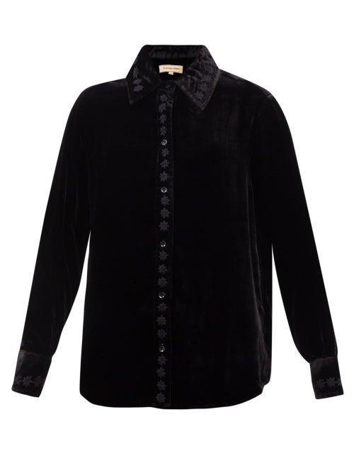 Muzungu Sisters - Stella Floral-embroidered Velvet Shirt - Womens - Black