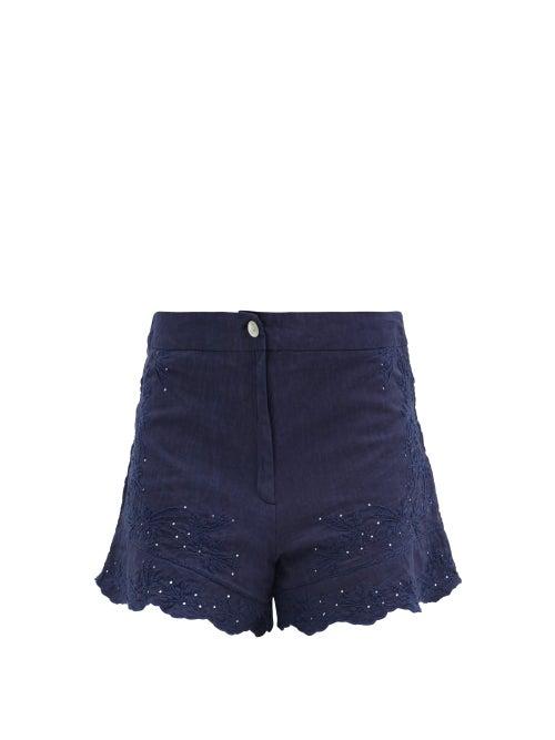 Matchesfashion.com Juliet Dunn - Floral-embroidered Cotton Shorts - Womens - Navy