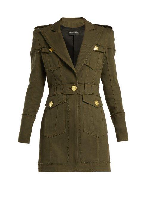 Matchesfashion.com Balmain - Raw Edge Longline Denim Jacket - Womens - Khaki