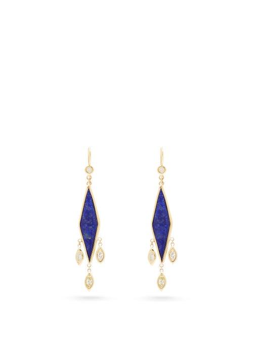 Matchesfashion.com Jacquie Aiche - Kite Diamond, Lapis Lazuli & Gold Drop Earrings - Womens - Blue