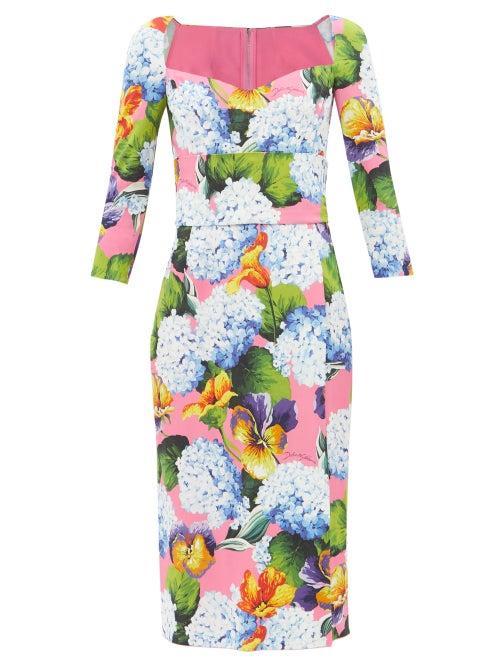 Dolce & Gabbana - Floral-print Sweetheart-neck Crepe Midi Dress - Womens - Blue Multi