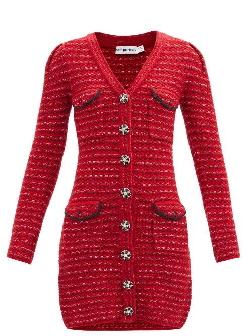 Matchesfashion.com Self-portrait - Crystal-embellished Cotton-blend Tweed Dress - Womens - Red