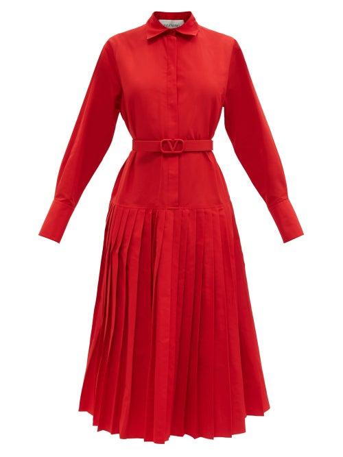 Ladies Rtw Valentino - Pleated Cotton-blend Micro-faille Shirt Dress - Womens - Red