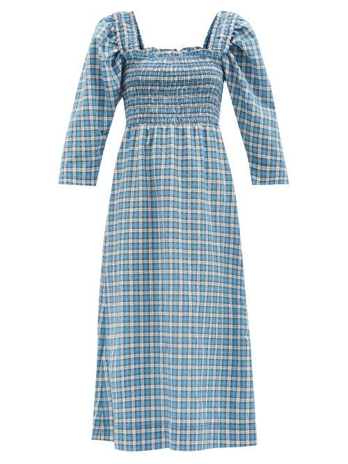 Ganni - Square-neck Checked Cotton-blend Seersucker Dress - Womens - Blue Multi
