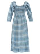 Ganni - Square-neck Checked Cotton-blend Seersucker Dress - Womens - Blue Multi