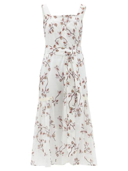 Ladies Lingerie Galanthya - Camille Belted Floral-print Cotton-voile Dress - Womens - White Print
