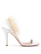 Matchesfashion.com Amina Muaddi - Adwoa Crystal And Feather-trimmed Satin Sandals - Womens - White