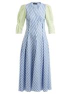 Matchesfashion.com Anna October - Contrast Sleeve Striped Linen Dress - Womens - Blue Stripe