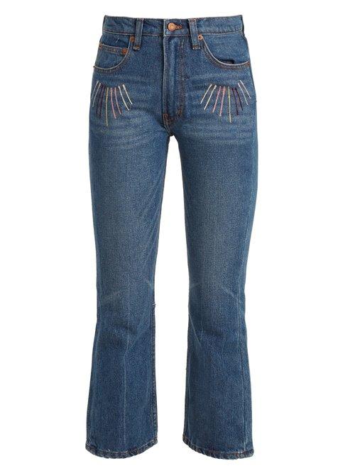 Matchesfashion.com Bliss And Mischief - Sunrise Embroidered High Rise Cropped Jeans - Womens - Blue