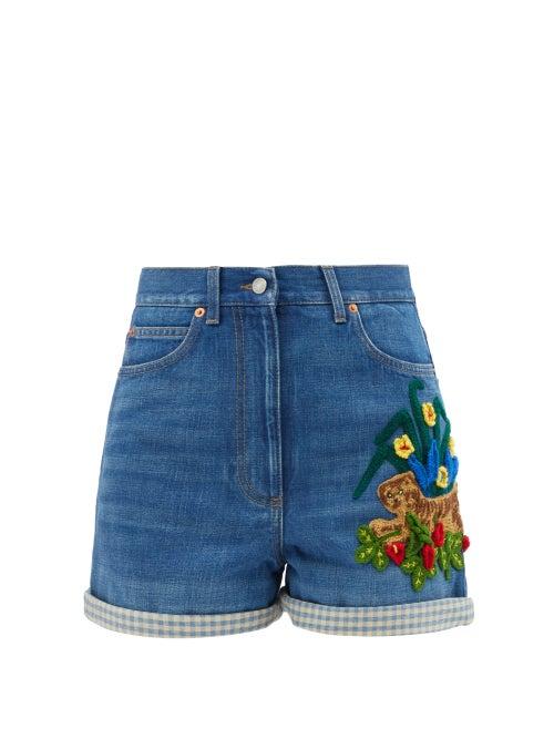 Gucci - Tiger-embroidered Denim Shorts - Womens - Denim