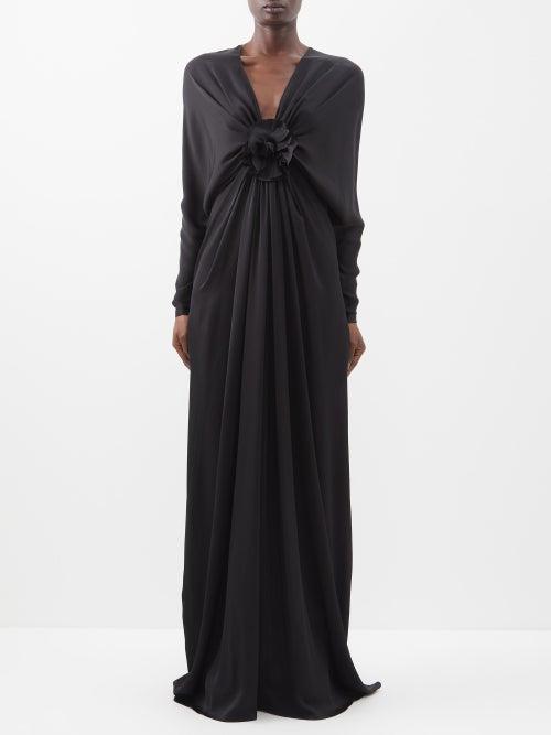 Saint Laurent - Rose-appliqu Silk-charmeuse Gown - Womens - Black