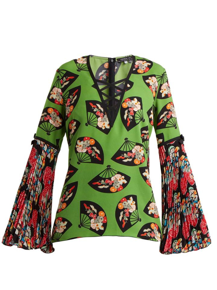 Andrew Gn Flared-sleeve Fan-print Silk Top