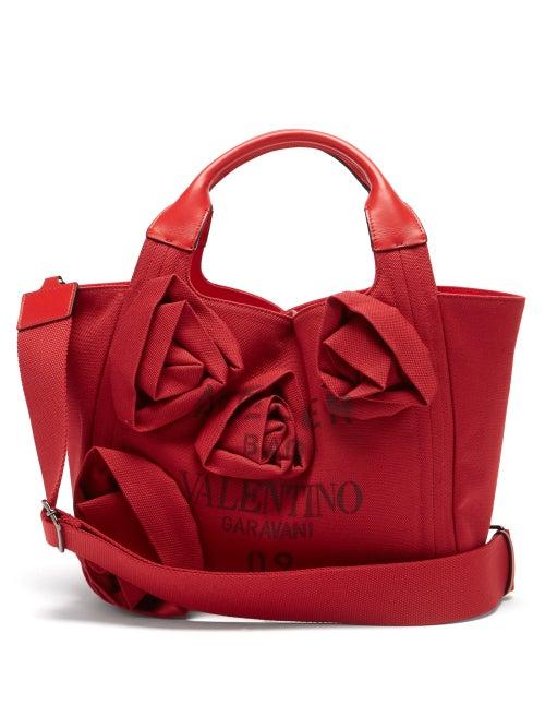 Valentino Garavani - Atelier Floral-appliqu Canvas Tote Bag - Womens - Red