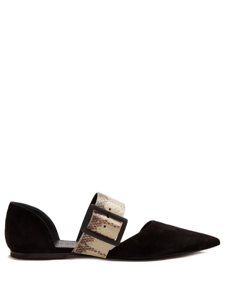 Jil Sander Point-toe Suede And Snakeskin Flats