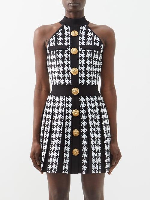 Balmain - Pleated Houndstooth-knit Mini Dress - Womens - Black White