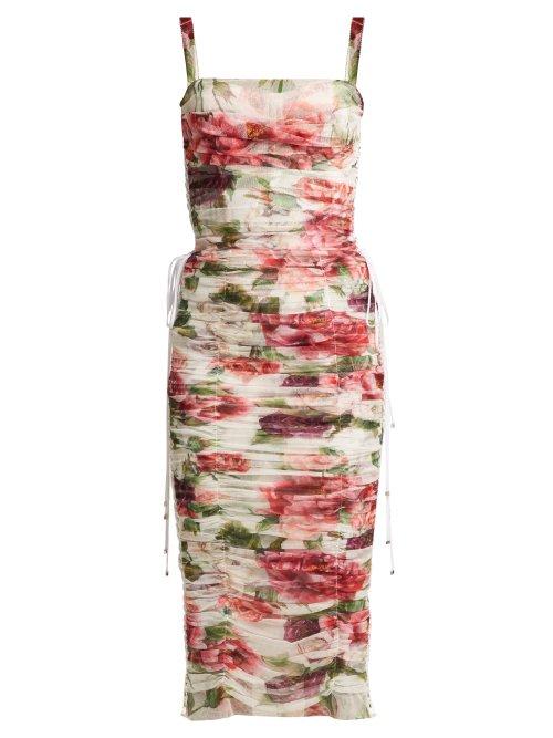 Matchesfashion.com Dolce & Gabbana - Peony And Rose Print Tulle Midi Dress - Womens - White Multi