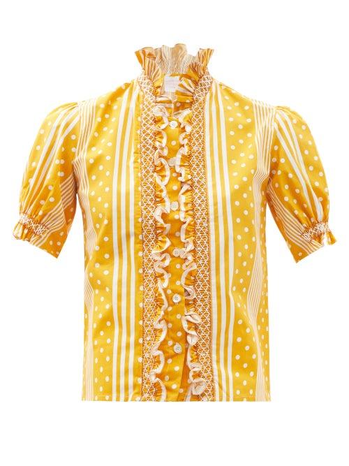 Ladies Beachwear Loretta Caponi - Donatella Polka-dot And Striped-cotton Blouse - Womens - Yellow
