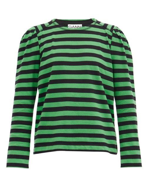 Matchesfashion.com Ganni - Puff-shoulder Striped Jersey T-shirt - Womens - Green Multi